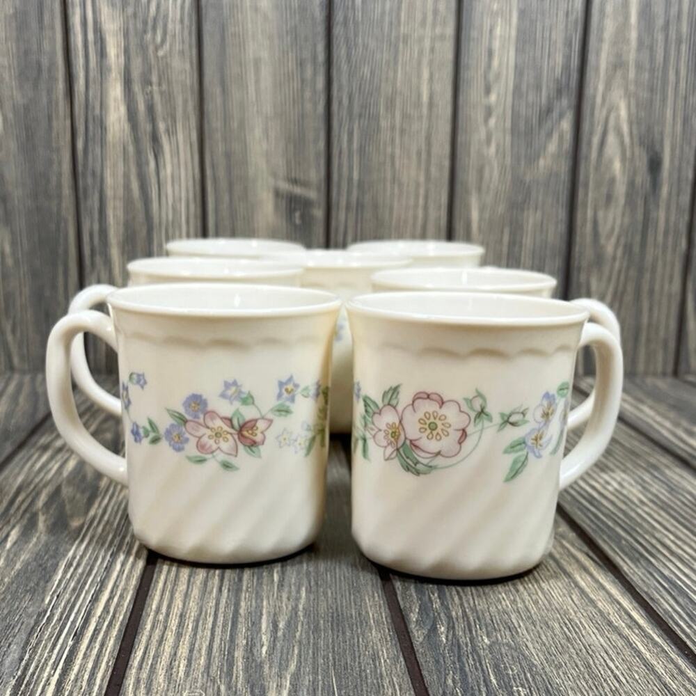 arcopal France Champetre Milk Glass Mug Cup Coffee Tea Social Vintage 7 pc‎